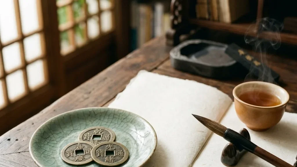 Ba đồng tiền xu cổ bằng đồng thau đặt trên đĩa gốm mộc mạc bên cạnh nghiên bút và sổ tay ghi chép