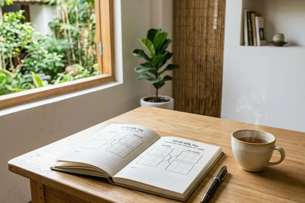 Không gian bàn ghi chú yên tĩnh minh họa quy trình chuẩn bị và đọc lá số Bát tự.