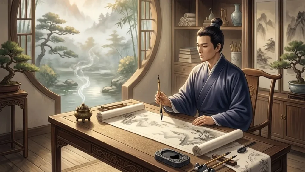 Không gian thư phòng Á Đông cổ điển tĩnh lặng với bút nghiên, cuộn thư tịch cổ và biểu tượng âm dương hài hòa