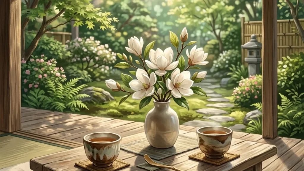 Bàn trà hiên nhà truyền thống nhìn ra vườn hoa mùa xuân với hai tách trà gốm mộc và bình hoa mộc lan trắng
