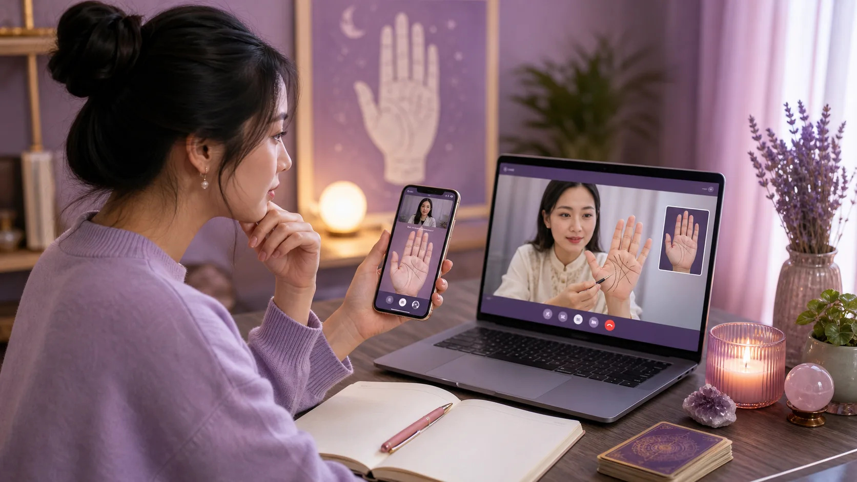 Một buổi xem chỉ tay online với ảnh bàn tay và ghi chú tư vấn rõ ràng