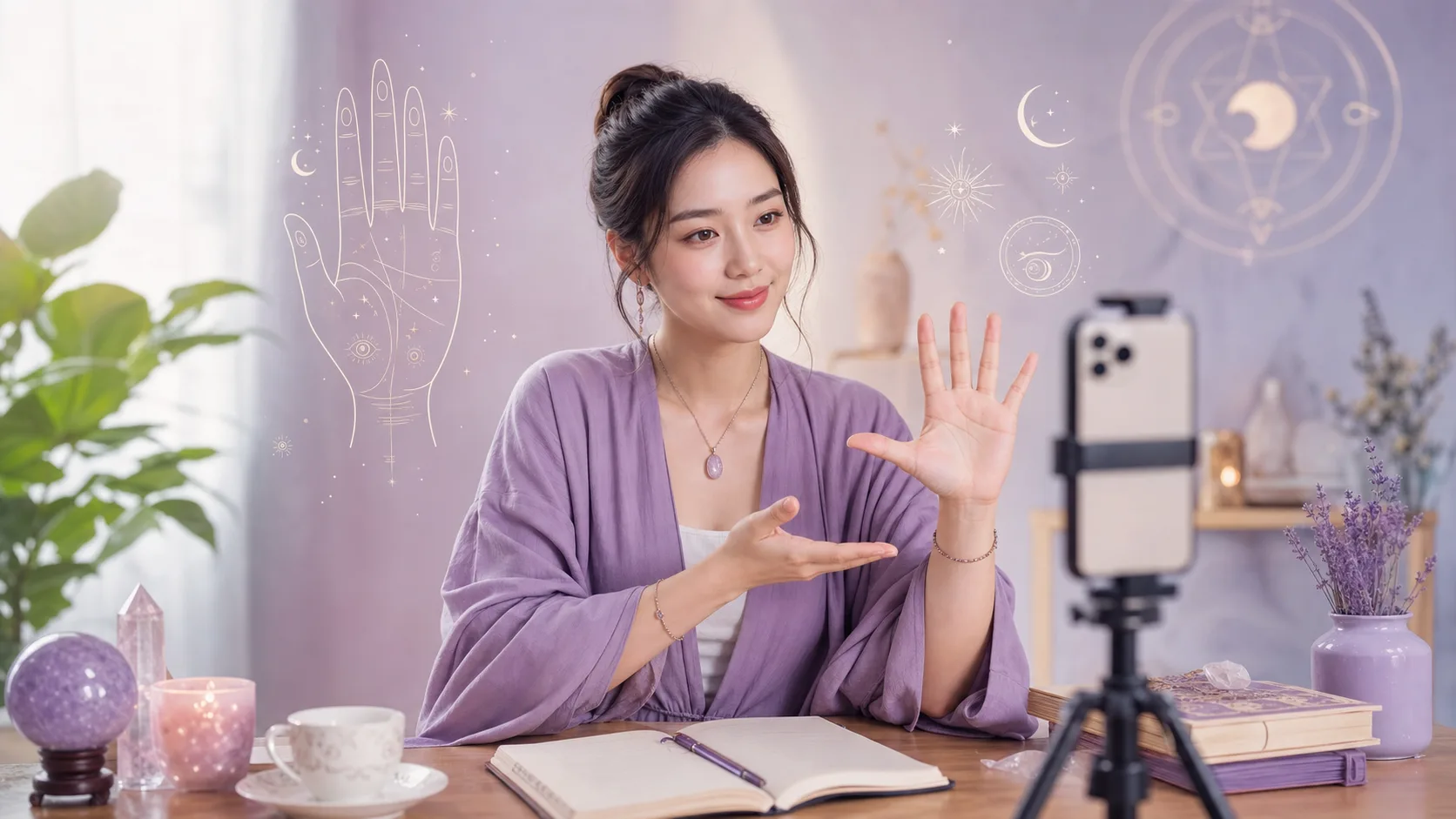 Minh họa xem chỉ tay online tại nhà, chuẩn bị ảnh bàn tay rõ nét để được tư vấn tình cảm, công việc và định hướng