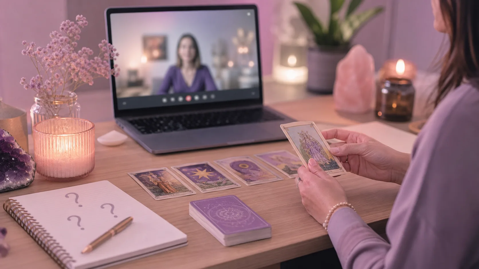 Bộ bài Tarot và sổ ghi chú dùng cho buổi tư vấn online
